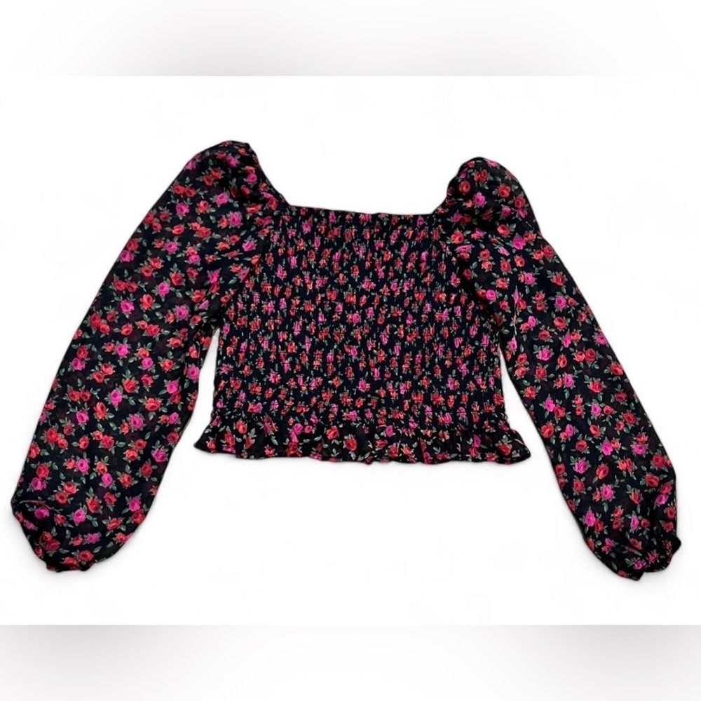 Art Class Women’s Cropped Black and Pink Floral Blouse with Sheer Sleeves
